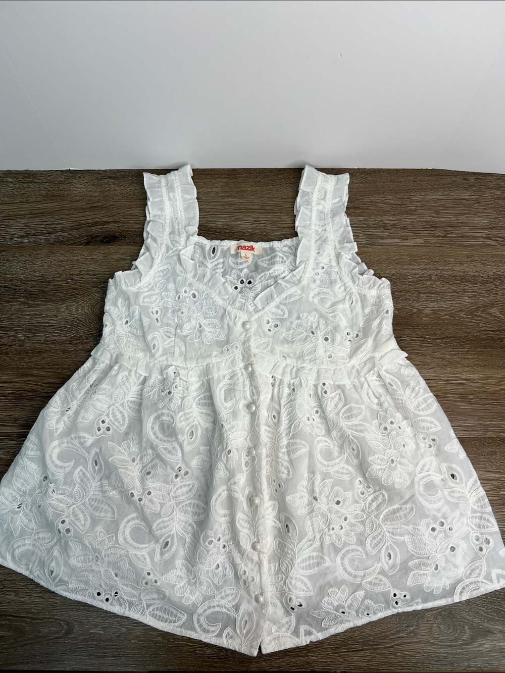 Mazik White Eyelet Embroidered Ruffle Blouse | Size L | 100% Cotton